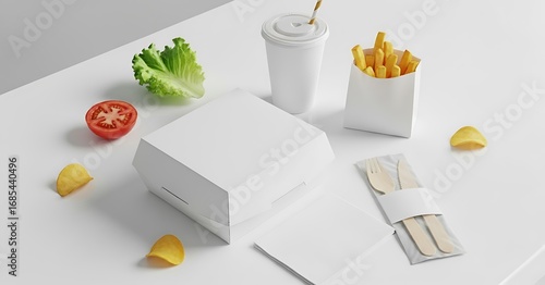 Clean white mockup of fast food items and fresh produce on a white background