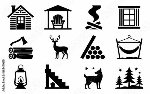 Vector icons pack wood cabin outdoor adventure nature rustic elements scalable illustration vector