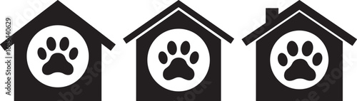 Three stylized dog houses with paw prints inside silhouette