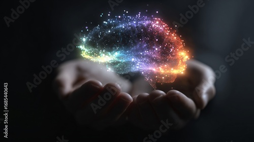 Colorful Galaxy Brain Concept in Hands on Dark Background