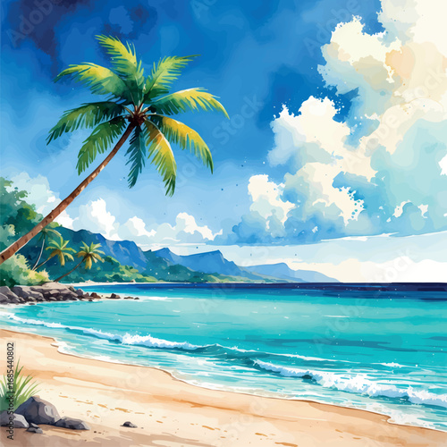 Watercolor perfect tropical beach scene with turquoise sea and soft sand