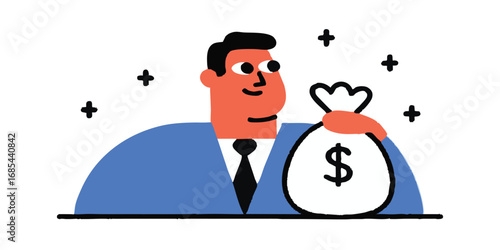 An illustrated man, radiating success and prosperity, holds a money bag, symbolizing wealth and financial achievement with the twinkle of prosperity.