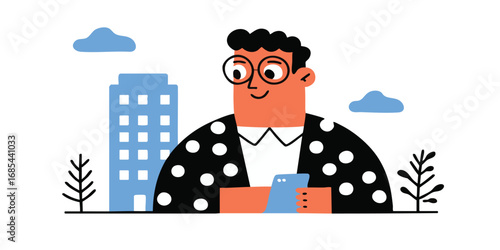 A modern illustration captures a smiling character, engrossed in their smartphone amidst a city backdrop, embodying the fusion of technology and urban living.