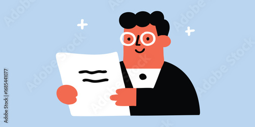 An illustration captures a man in formal attire confidently reading a document, his demeanor radiating focus and expertise.