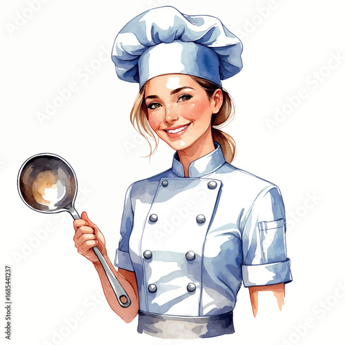 Watercolor female chef in white uniform with ladle, professional culinary illustration