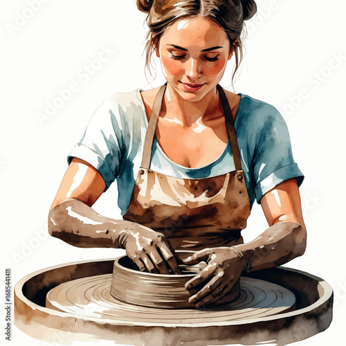 Watercolor female potter at clay wheel, skilled artisan creating ceramic art