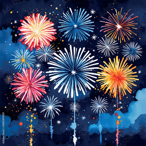 Vibrant Watercolor Fireworks Display Illustration. Explosive Color Bursts Against Deep Blue Night Sky Creating a Festive Celebration Scene.