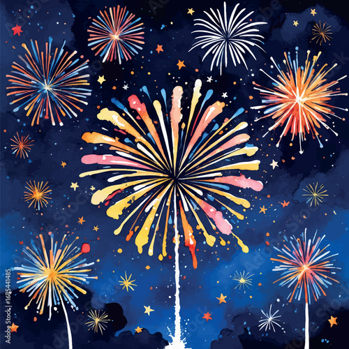 Vibrant Watercolor Fireworks Display Illustration. Explosive Color Bursts Against Deep Blue Night Sky Creating a Festive Celebration Scene.