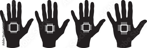Four black hand silhouettes with integrated circuit chips in the palms silhouette