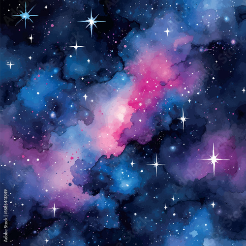 Cosmic Watercolor Galaxy with Nebula Effect. Deep Blue and Purple Space Atmosphere Illustration, Isolated on White