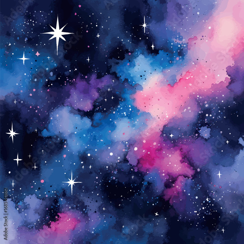 Cosmic Watercolor Galaxy with Nebula Effect. Deep Blue and Purple Space Atmosphere Illustration, Isolated on White