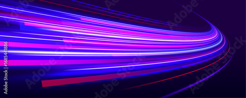 Blurred light trails rush along a dark road, simulating fast motion. Blue and red laser beams twist into energetic patterns. The image captures futuristic street speed.