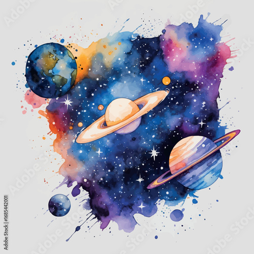Watercolor Galaxy Scene with Cosmic Elements - Space Painting Technique Demonstration