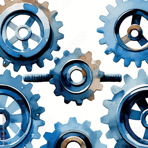 Watercolor interlocking gears illustration. Mechanical teamwork and business process metaphor isolated on white background.