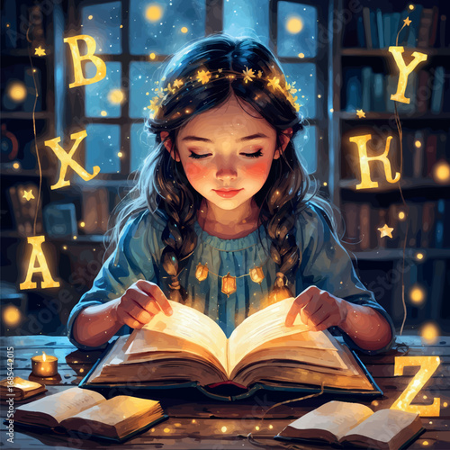 Watercolor curious girl opening ancient book with glowing magical pages
