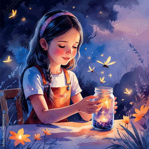 Watercolor girl catching fireflies at dusk, nostalgic summer evening memory