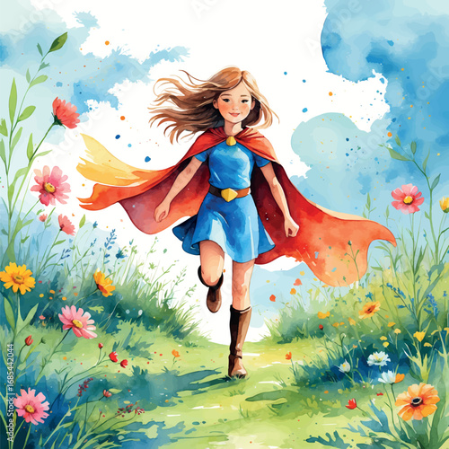 Watercolor girls in capes running through meadow, heroic childhood adventure
