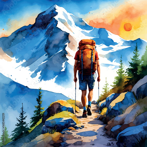 Watercolor mountain hiker on sunrise trail, outdoor adventure concept