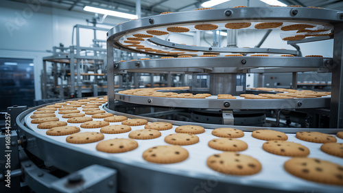 Automated food production line conveyor belt system manufacturing baked goods in a factory
