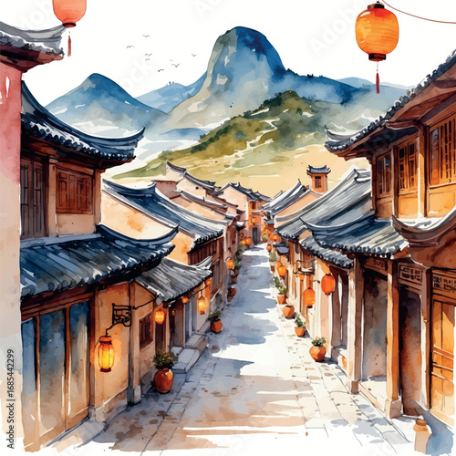 Watercolor traditional Asian city with lanterns and mountain background, vector scene