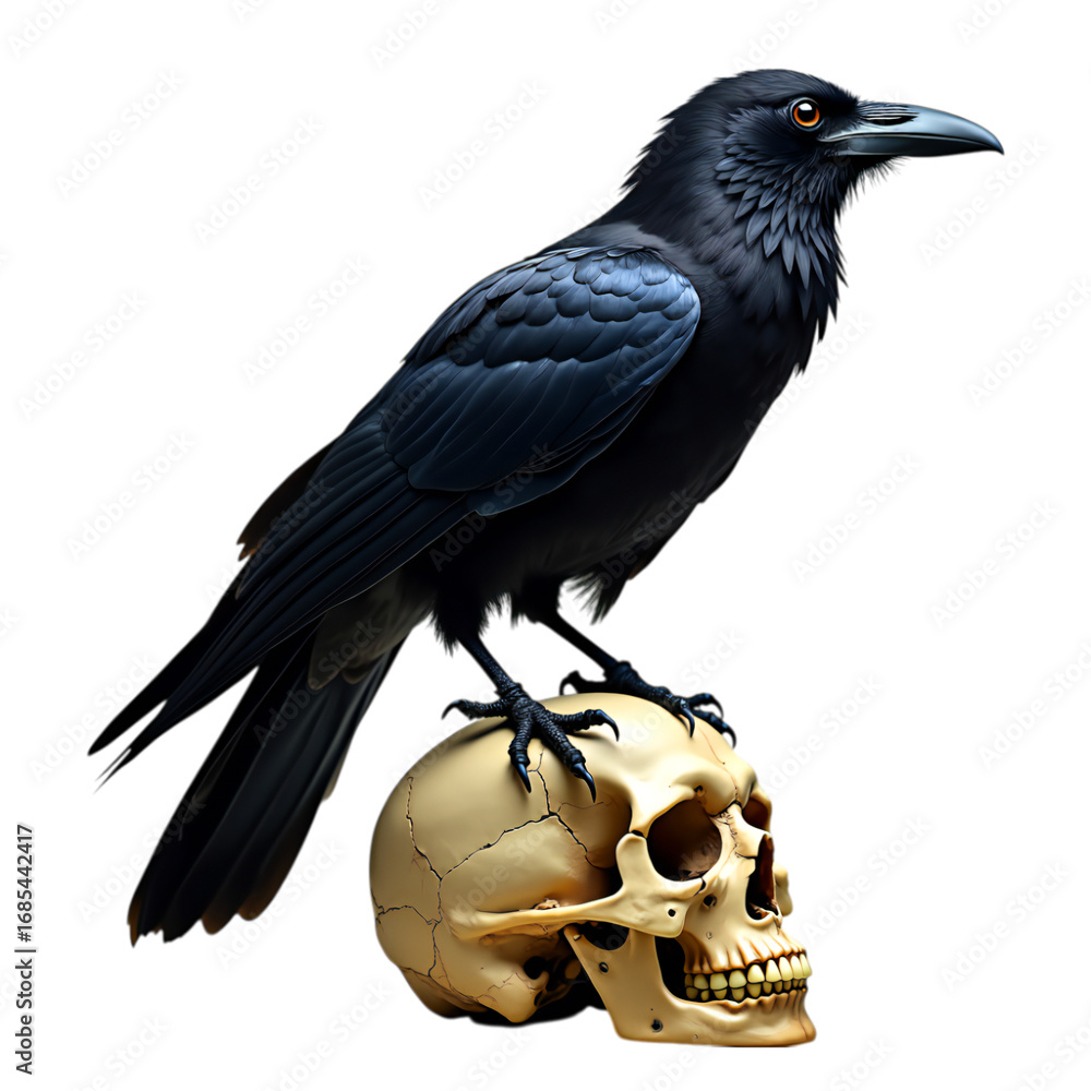 Fototapeta premium Raven Perched on Skull Illustration: Dark Fantasy Art Print, Gothic Bird, Macabre Decor, Halloween, Crow, Death, Gothic Home Decor