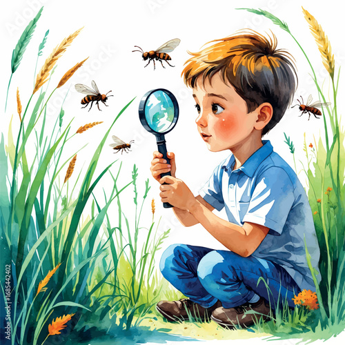 Watercolor curious boy studying insects in tall grass with magnifying glass