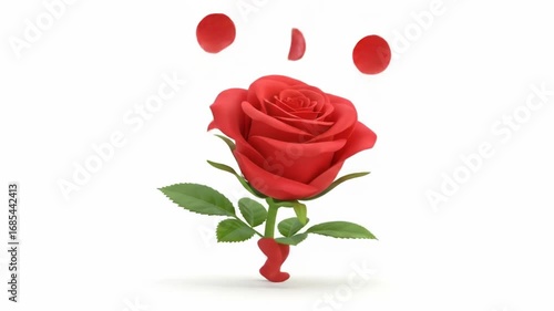 A red rose with legs is walking, petals are flying around it
