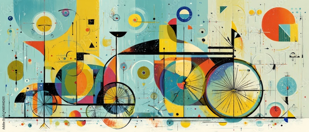 Obraz premium Abstract geometric bicycle art with vibrant colors and retro design Modern painting of a bike with circles, triangles, and squares Concept of transportation, art, and design