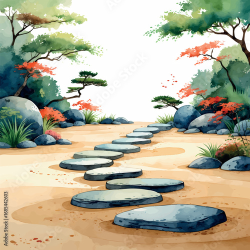 Japanese zen garden watercolor illustration. Soft earthy tones with raked sand patterns and minimalist stone arrangement. Tranquil meditative composition.