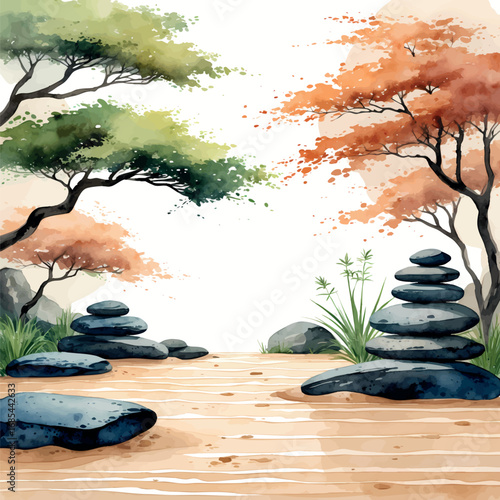 Japanese zen garden watercolor illustration. Soft earthy tones with raked sand patterns and minimalist stone arrangement. Tranquil meditative composition.