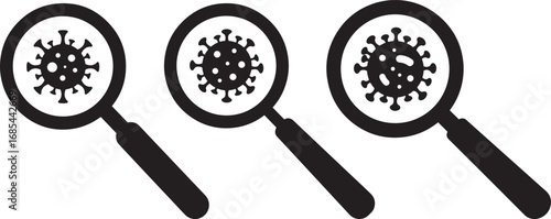Three magnifying glasses focus on a virus silhouette