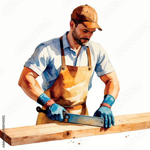 Watercolor male carpenter working with hand saw, skilled tradesman illustration