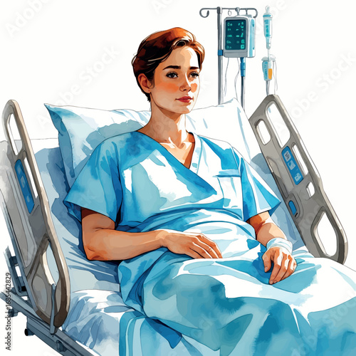 Watercolor patient in hospital bed wearing gown, calm expression, isolated medical illustration
