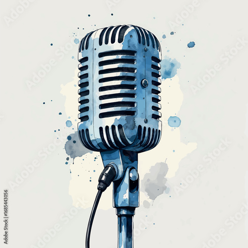 Watercolor vintage podcast microphone in blue and grey tones isolated