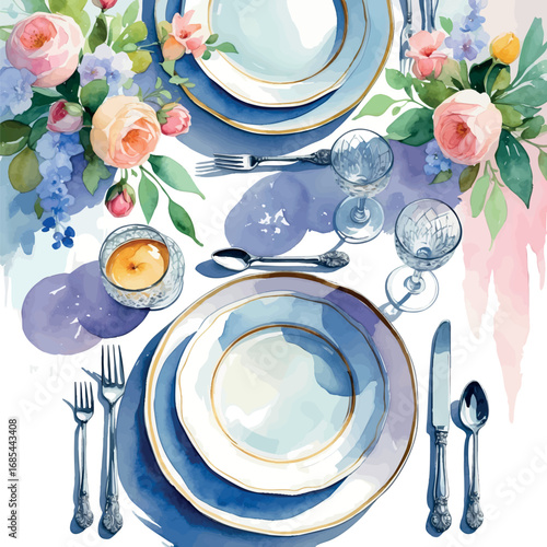 Elegant table setting watercolor illustration. Porcelain plates, crystal glasses and silverware in sophisticated dining arrangement with delicate brushwork.