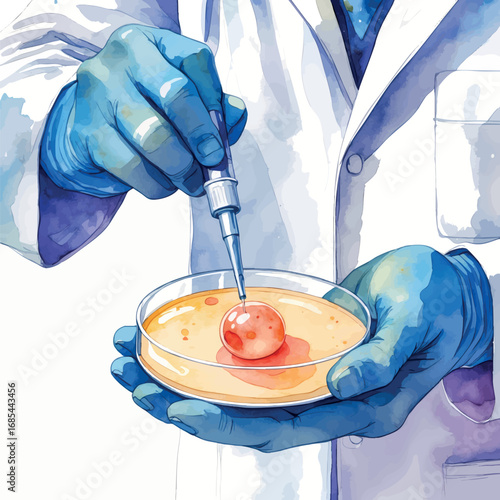 Watercolor IVF procedure with doctor and embryo in petri dish, isolated medical vector