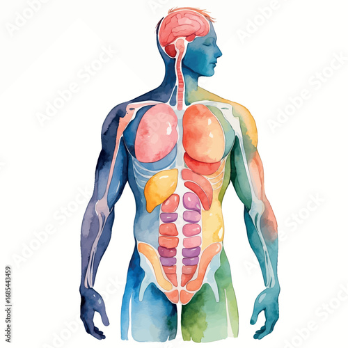 Artistic watercolor human body silhouette showing fat distribution. Educational anatomical illustration in soft pastel colors isolated on white background.