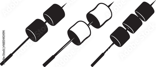 Three skewers with marshmallows in a simple black and white silhouette