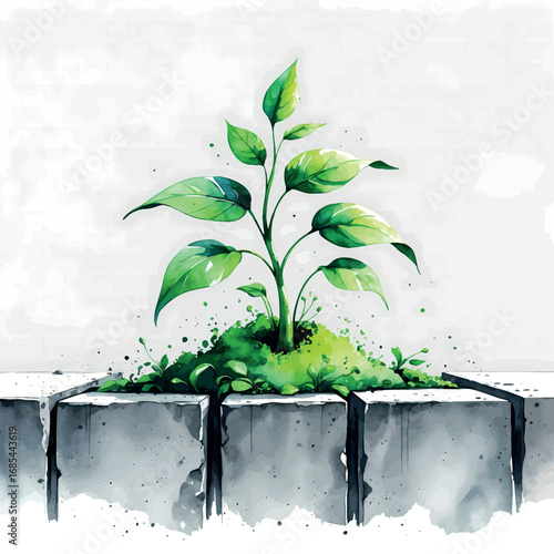 Resilient plant breaking through concrete watercolor illustration. Determination metaphor showing green sprout overcoming obstacles with powerful symbolism.