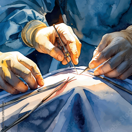 Watercolor illustration of surgeon's hands performing operation. Delicate brush strokes highlighting surgical precision and tools.