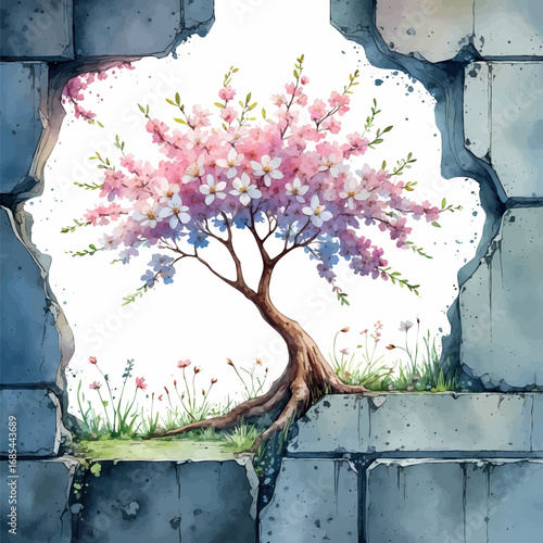 Tree Growing Through Concrete in Watercolor - Metaphor for Persistent Creativity
