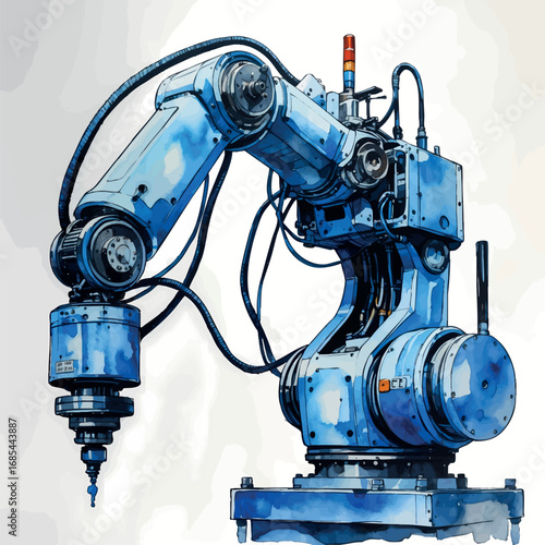 Industrial Robot Arm Watercolor. Modern Manufacturing Machine in Blue and Metallic Tones, Factory Automation Technology Illustration
