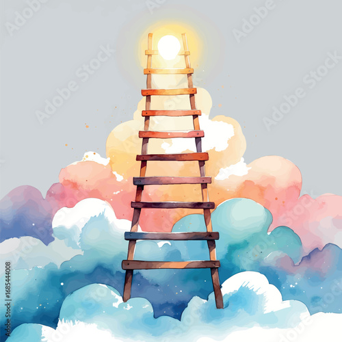 Watercolor glowing ladder into clouds symbolizing ambition and purpose