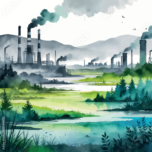 Environmental restoration watercolor landscape. Transformation from polluted industrial area to vibrant natural ecosystem showing recovery and conservation.