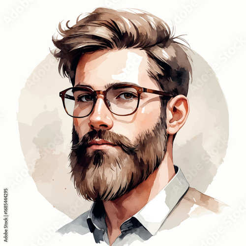 Watercolor avatar of bearded man with glasses in neutral tones, isolated on white vector