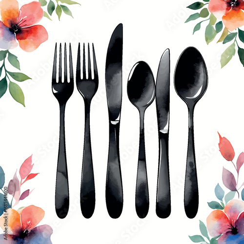 Watercolor black matte modern cutlery set – minimal style illustration