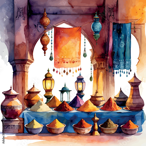Watercolor Middle Eastern bazaar with spices and traditional market culture