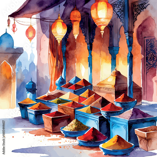 Watercolor Middle Eastern bazaar with spices and traditional market culture