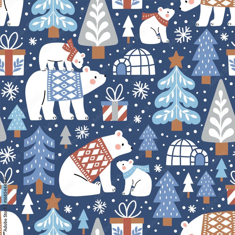 custom made wallpaper toronto digitalSeamless vector pattern with hand drawn polar bears in snowy winter woodland. Cute polar bears in warm clothes. Perfect for textile, wallpaper or nursery print design.
