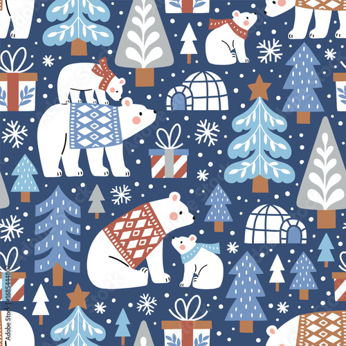 Seamless vector pattern with hand drawn polar bears in snowy winter woodland. Cute polar bears in warm clothes. Perfect for textile, wallpaper or nursery print design.
